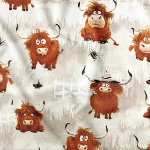 Pamut anyag - Crazy Cows on the Meadow, Bézs